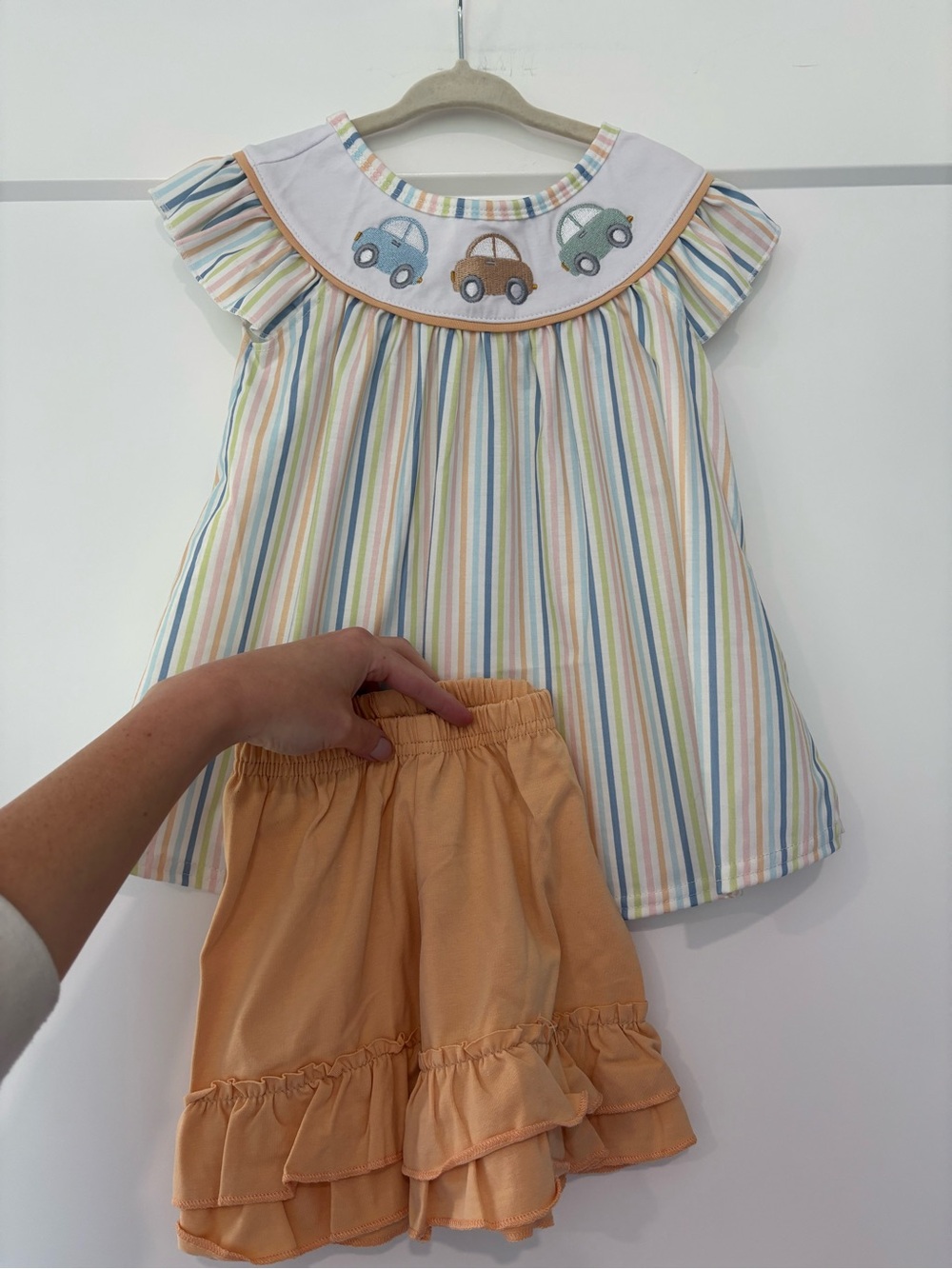 Abby & Evie Striped Embroidered Cars Ruffle Short Set Size 2T New